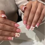 MouyouGlow Press on Nails krótkie paznokcie, kwadratowe, nude, różowe, białe, francuskie, kokarda 3D, muszka z klejem do paznokci, białe tipsy, akrylowe, sztuczne paznokcie u rąk