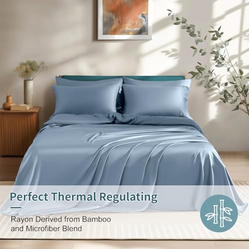 Image of Shilucheng 6 Piece Queen Sheet Sets, Cooling Sheets, Blend Rayon Derived from Bamboo, Deep Pocket Up to 16 inch, Breathable & Soft Bed Sheets, Hotel Silky Bedding Set, French Blue