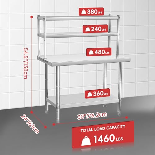 Stainless Steel Table with Overshelves, 30" X 24" Commercial Work Tables with 30" X 12" Shelf, Metal Kitchen Prep Table_ Shelving Combo