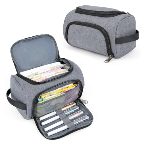 XQXA Large Capacity Pencil Case Organizer, Multifunctional Extra Big Pencil Pouch with Compartmens, Travel Simple Stationery Pen Bag, Fabric Pencil Bag for Men Women Girl Boy (Grey)