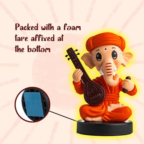 Image of Ganesh Idol for Car Dashboard Bobblehead, Home Decor Items for Living Room, Office Desk, Ganpati Murti for Gifting, God Statue for Good Luck, Superhero Action Figure, Sitar and Kartal, Orange