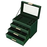Caroeas 4段 アクセサリーケース ガラス蓋 レザージュエリーボックス ベロア ジュエリー収納 小物入れ 引き出し 仕切り 女の子 アクセサリー入れ 宝石箱 指輪 ネックレス たっぷり収納 大容量 母の日ギフト プレゼント ダークグリーン