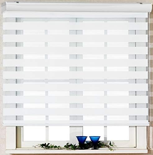Basic, White, W 31 x H 64 inch Zebra Roller Blinds, Dual Layer Shades, Sheer or Privacy Light Control, Day and Night Window Drapes, 10 to 110 inch Wide