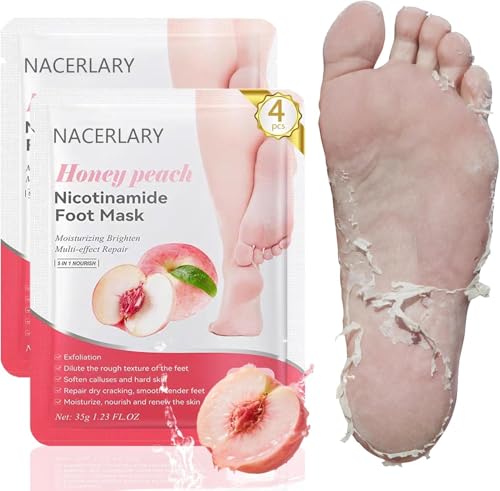 4 Pack Foot Peel Mask Deep Exfoliation for Smooth Feet Peach Foot Mask for Removes Dead Skin and Calluses Gentle Yet Effective Formula Gift for Women & Men