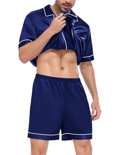 Image of SWOMOG Satin Matching Pajamas Sets Couple Silk Button Down Nightwear Women & Men Short Sleeve Sleepwear 2 Pieces Loungewear