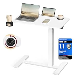 VASAGLE Beistelltisch mit Rollen, mobiler Stehtisch, 70 x 40 cm große Tischplatte, verstellbare Höhe, 2 Getränkehalter, Schlitz für Handy oder Tablet, wolkenweiß LSD600W01