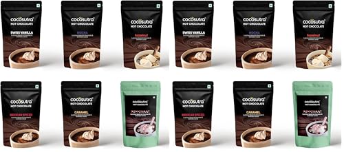 Image of COCOSUTRA Hot Chocolate Mix Combo | Swiss Vanilla, Mexican Spiced, Mocha, Caramel, Peppermint & Hazelnut Flavoured | Pack of 12 (Each 100 g) 600 g | Drinking Chocolate Powder | Enjoy hot or cold