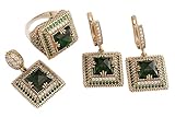 Turkish Handmade Jewelry Hurrem Square Shape Emerald and Round Cut Topaz 925 Sterling Silver Jewelry Set Earrings,Pendant and Ring Size Option