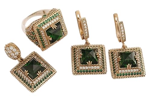 Turkish Handmade Jewelry Hurrem Square Shape Emerald and Round Cut Topaz 925 Sterling Silver Jewelry Set Earrings,Pendant and Ring Size Option