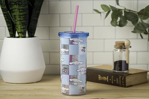 Image of Silver Buffalo Sanrio Hello Kitty and Friends Cinnamoroll Cherry Blue Checkered Plastic Cold Cup with Lid and Straw, 20 Ounces | Hello Kitty and Friends, Cinnamoroll, Blue Checkered, Includes Lid and Straw, 0.59 Liters