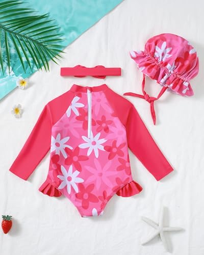 Image of SODLON Baby Girl Swimsuit Long Sleeve One-Piece Infant Bathing Suit 3M-3T | Girls Swim Suit with Hat & Zipper & Headband, Rash Guard Ruffle Swimwear, Toddler UPF 50+ Swimsuits, Baby Beach Essentials