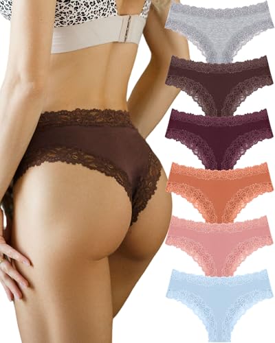 Image of FINETOO Cotton Underwear for Women Sexy Panties Lace Hipster Low Rise Breathable Womens Cheeky 6 Pack S-XL