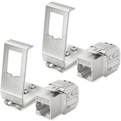 hb-digital Set di 2 moduli Keystone RJ45 CAT.8 + 2 adattatori per guida in metallo da 35 mm standard | RJ45 Jack schermato in acciaio inox LSA montaggio Ethernet LAN Switch