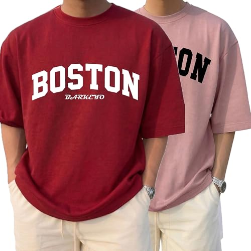 Image of BARKEYO Men's Half Sleeve Round Neck French Terry Graphic Print Oversized Tshirt for Man (Boston-ft) Pack of 2 (in, Alpha, XL, Regular, Red)