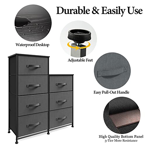 Sehloran Double Drawer Dresser For Bedroom With 7 Drawers, Tall Dessers Storage Tower, Chests Of Drawers, Removable Fabric Bins, Dresser Organizers Unit For Closets, Hallway, Entryway, Wood Top, Gray #TOP6