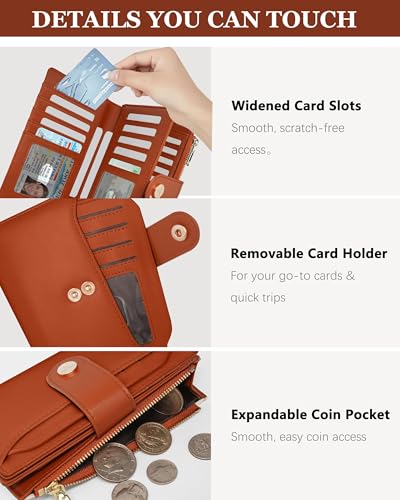Image of Women's Wallet - RFID Blocking Leather Trifold Travel Wallet | Medium Billfold with 20 Card Slots & Zipper Coin Pocket,Vegan Leather Wallet for Women with Removable Card Holder