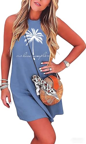 Image of Sun Salt Sand Coconut Tree Tank Mini Dress for Women Sleeveless Beach Praty Shirts Summer Vacation Short Mini Dresses