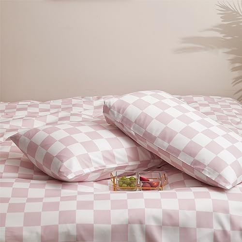 Image of KAREVER Pink Grid Comforter Full Pink Plaid Bedding Set Girls Pink White Checkered Bed Comforter Set Breathable Blanket Set Kids Durable Bedding Comforter Set