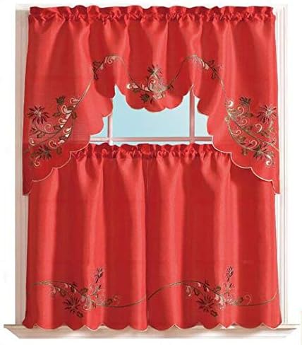 3-Piece Decorative Christmas Holiday Design Embroidered Holiday Vine Kitchen Curtain Set Red Xmas Style