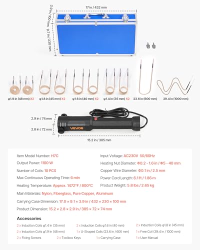 VEVOR Induktionsheizgerät zum Entfernen von Schrauben, 1100 W, magnetisches Induktionsheizgerät-Set, Heizgerät zum Entfernen von rostigen Schrauben, Autowerkstatt-Reparaturwerkzeuge mit 10 Spulen