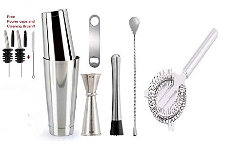 Rudra Exports Professional Bartender Tool Set,Boston Shakers Cocktail Strainer Japanese Jigger Muddler Teardrop Spoon Opener Pourer with Free Caps and Brush Bartender Cocktail Maker Set : 12 Pcs Set