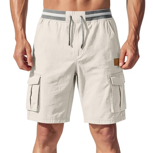 Men's Shorts Lightweight Elastic Waist Drawstring Multi Pockets Breathable Summer Street Camping Casual Shorts 07-Beige 3XL