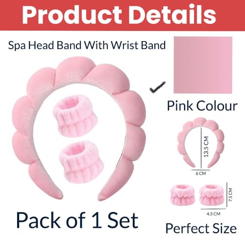 Image of TEMPERIA Makeup Headband Wristband Set for Women & Girls | Hair Band for Facial Time | Head Bands Skincare Hairband for Spa | 3 Pieces Set | Pink
