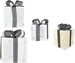 YöL 3 Gift Parcels Set LED Christmas Decoration Garden Home White Grey 3 Sizes Boxes Outdoor Indoor