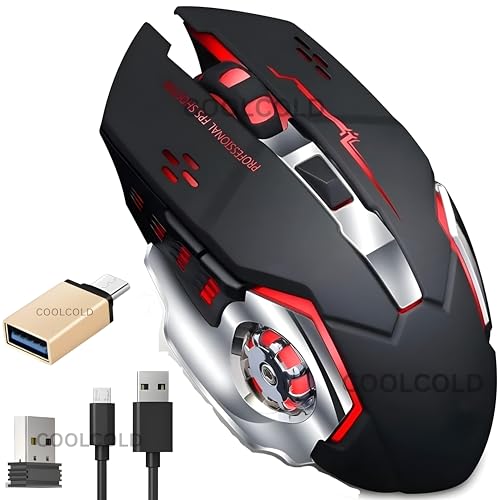 Image of COOLCOLD Gaming Mouse | Rechargeable, Wireless Gaming Mouse | with Type c OTG Dongle, 2.4Ghz RGB Lights Mice, Upto 2400 DPI 6 Button, 4 Color Breathing Lights, Distance-10m, (Black)