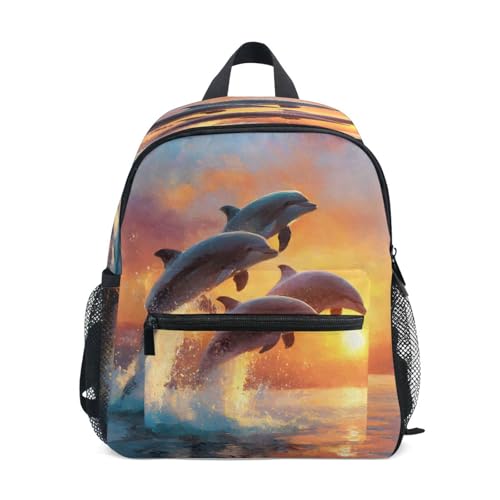 ALAZA Toddler Backpacks for Boys Girls Three Dolphin Sunset Kids Backpack with Chest Clip and Name Tag,M