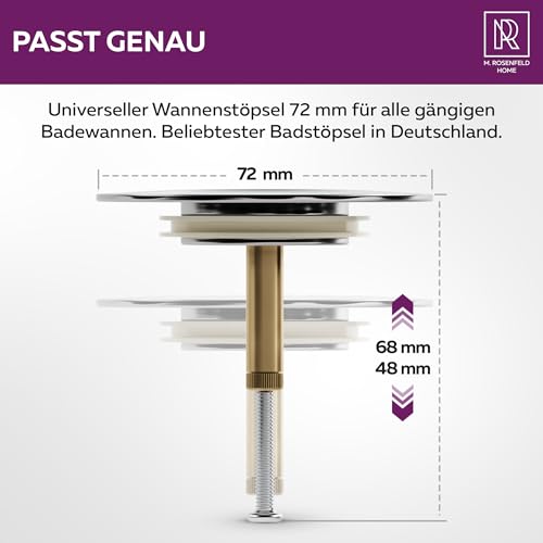 M. ROSENFELD HOME Badewannenstöpsel Universal Ø 72 Premium - Stöpsel Badewanne Chrom aus Messing mit Doppel Dichtung - Rostfrei Badewannen Stöpsel Verschluss Badezimmer zubehör