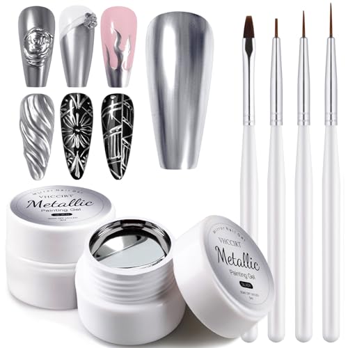 2 Pack Silver Chrome Nail Polish 5ml, Metallic Gel Nail Polish Set with Thin Brush, Liquid Chrome Gel Polish 3D Painting Drawing Metal Mirror Nail Gel Polish Soak Off UV/LED Liner Gel Art Polish