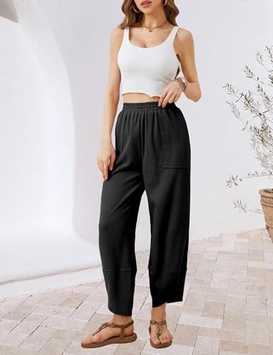 Womens Baggy Wide Leg Pants Elastic High Waisted Casual Trousers Loose Palazzo Pants with Pockets3