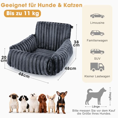 MIXJOY Hunde Autositz für kleine bis mittlere Hunde, Waschbarer Ansteckbare Leine verdickter Memory-Schaum-Füllung, Hundebett Auto für Rückbank Vordersitz, Grau
