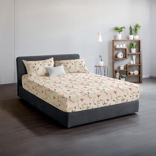 DANYDude 100% Egyptian Cotton Floral Printed 3PC Double Fitted Sheet Set 400 Thread Count 30cm Extra Deep Fitted Sheets Double With PillowCases 2 Pack Soft & Machine Washable