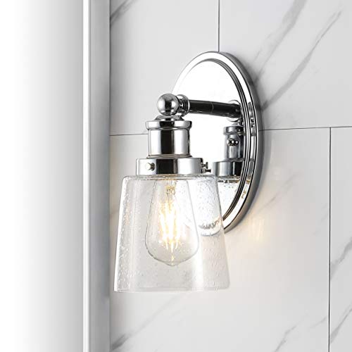 Image of JONATHAN Y 5 inch Chrome 1-Light LED Vanity Light, Farmhouse Wall Sconce for Bathroom Mirror, Clear Seeded Glass Shade, Rustic Iron Fixture for Kitchen Hallway, LED Bulb Included JYL7530A