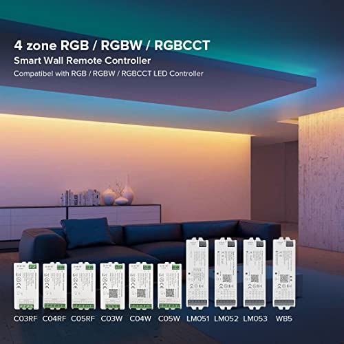 Image of BTF-LIGHTING WR02RF Wireless 2.4G RF CCT Wall Mounted Smart Panel Remote | 4 Zone Control, Powered by 2XAAA Batteries 3V Work with WB5 LM052 LM053 C02RF C02W C01RF C01W Controller