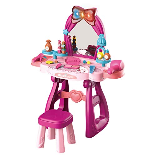 LEAMEERY Toddler Vanity Set with Mirror and Stool Toddler Makeup Vanity Light and Beauty Accessories 36 Pieces Kids Makeup Vanity Set for Little Girls Princess Vanity Set Birthday Gift for Girls