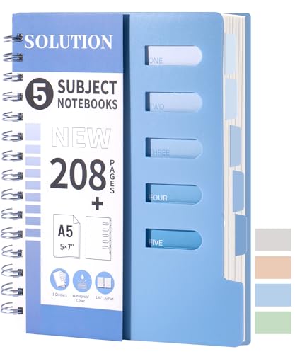 FLYING EAGLE Small 5 Subject Notebook College Ruled Spiral Notebook 5x7 with Dividers Tabs Waterproof Plastic Cover Thick Paper Notebooks for Work School, Blue