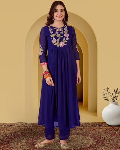 Image of Amazon Brand - Tavasya Women Zomato Thread Cording Embroide Kurta with Pant and Dupatta|Salwar Suit|Kurta Set|3 Piece Set