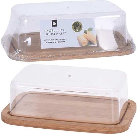 Bamboo Butter Dish with Lid | Butter Keeper Air Tight– Butter Serving Container Vintage Butter Tray with Plastic Cover for Kitchen Table Countertop Refrigerate