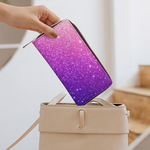 Long PU Zipper Wallet, Travel Purse Fashion Design, Huge Storage Capacity Wallet, Cute Decor Purse For Men And Women Beautiful Purple Shining Glitter Sparkles Pattern 7