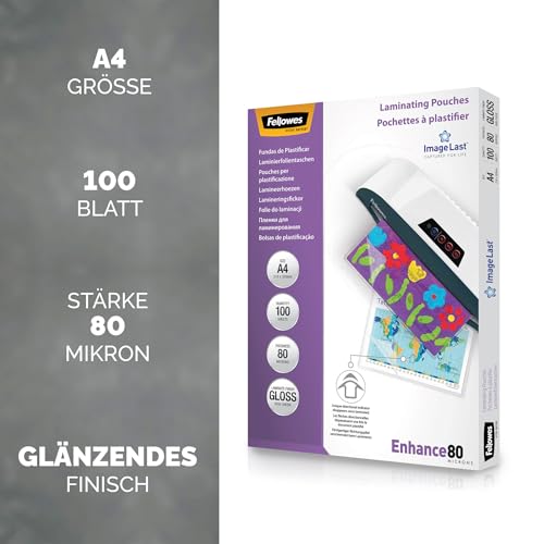 Fellowes Laminierfolien A4 ImageLast, 80 Mikron (2 x 80 mic), glänzend, 100 Stück, transparent mit Ausrichtungshilfe