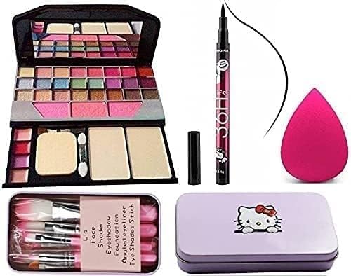 BELLAS Makeup kit for Women's and Girls | 10 Pcs Multicolour Makeup Kit and 7 Pink Makeup Brushes Set, 36H Waterproof Eyeliner Pencil with 1 Pink Beauty Blender