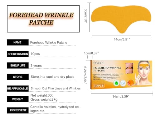 Image of Forehead Wrinkle Patch with Hydrolysed Collagen | Anti-Wrinkle Forehead Pads for Fine Lines & Aging Signs | Face Smoothing Treatment for Men & Women | Pack of 10