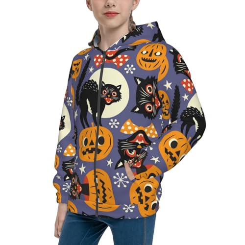 Spooky Cats And Halloween Pumpkins Kid Hoodies Boys Zip Up Sweatshirts Girls Pullover with Pocket