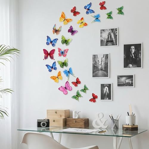 24 Stück Schmetterlings-Wanddeko-Sets, 3D Schmetterlings-Wandtattoos, deko schmetterlinge bunte Schmetterlingsaufkleber für die Heimdekoration, magnetische Schmetterlings-Wanddeko