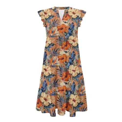 Image of Womens Summer Dress Ruffle Sleeve V Neck Dress Casual Fit Flowy Beach Vacation Sundress with Pocket S-2XL