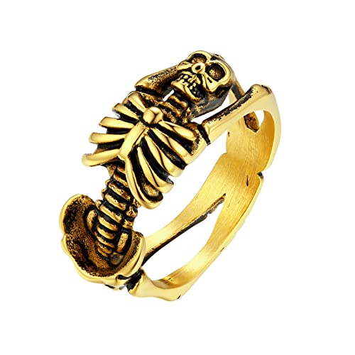 U7 Skeleton Rings 18K Gold Plated Halloween Costume Jewelry Gothic Punk Skull Ring Biker Size 11 #TOP15