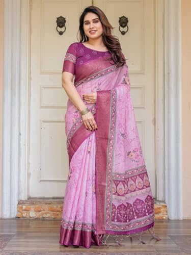 Image of ALMAARI FASHION Floral Printed Cotton Saree for Women with Handloom Zari Weave, Traditional Lightweight Ethnic Saree for Wedding Festive Office Party with Blouse Piece (LINEN 81-90 SH)